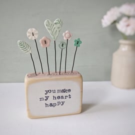 Clay Heart and Button Flowers in a Painted Wood Block 'You make my heart happy'