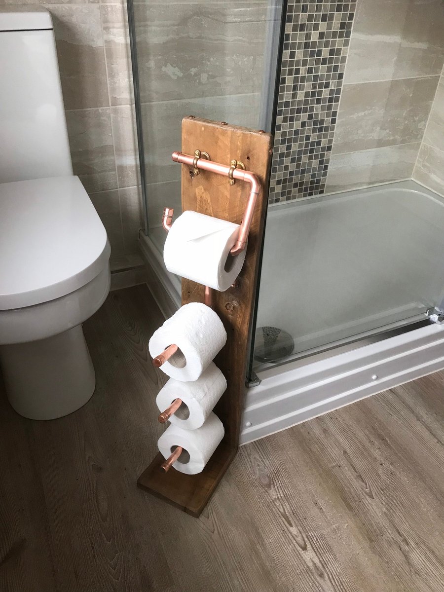 Toilet Roll Holder and Dispenser, Floor Standing Timber and Copper, Essential