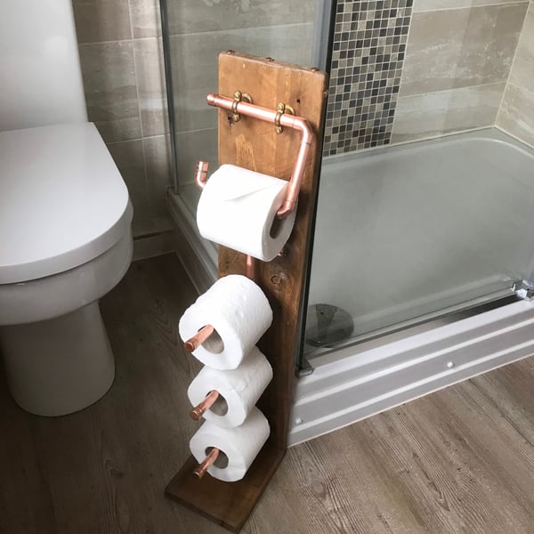 Toilet Roll Holder and Dispenser, Floor Standing Timber and Copper, Essential