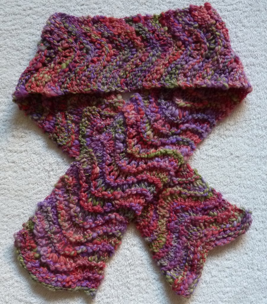 Hand Knit Merino Wool  Scarf in Pinks, Purples and Green