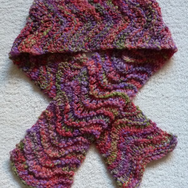 Hand Knit Merino Wool  Scarf in Pinks, Purples and Green
