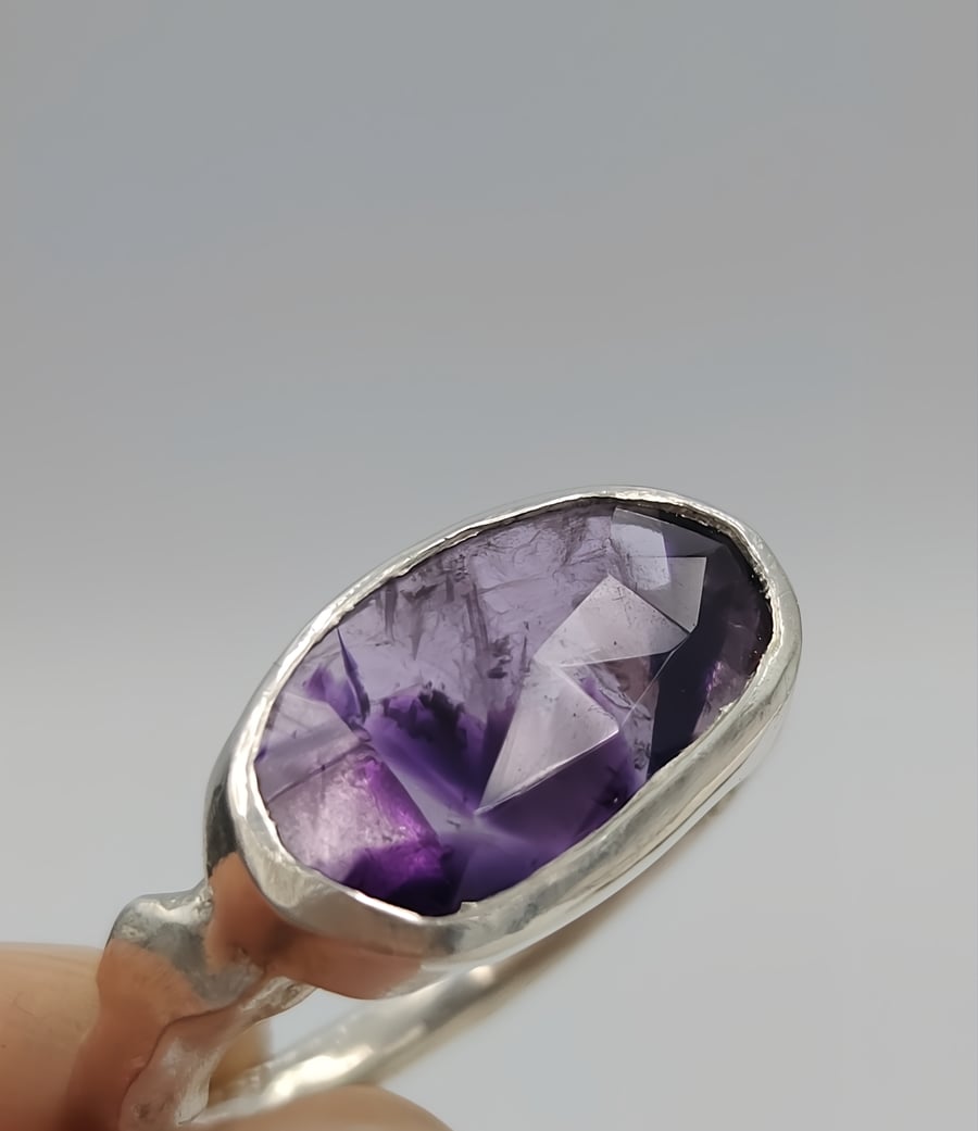 Handmade Organic Silver Ring with Trapiche Amethyst - Size N