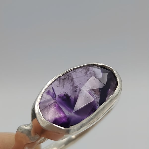 Handmade Organic Silver Ring with Trapiche Amethyst - Size N