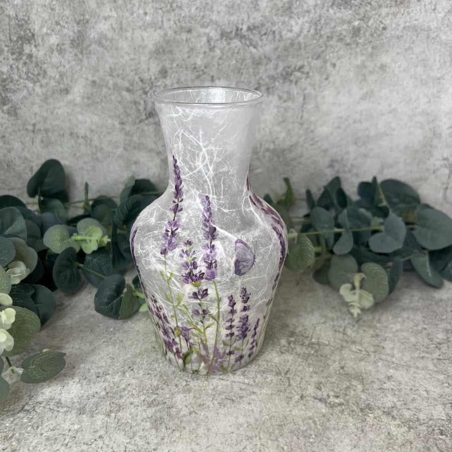 Decoupage Glass Carafe Vase: Lavender, Floral Rustic home decor, Upcycled
