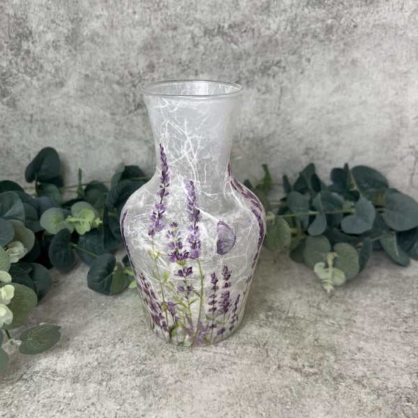 Decoupage Glass Carafe Vase: Lavender, Floral Rustic home decor, Upcycled
