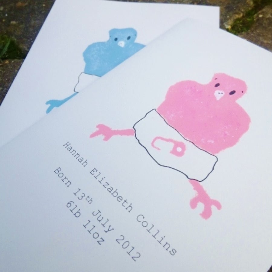 Personalised customised New Baby Card bird girl boy recycled hand painted