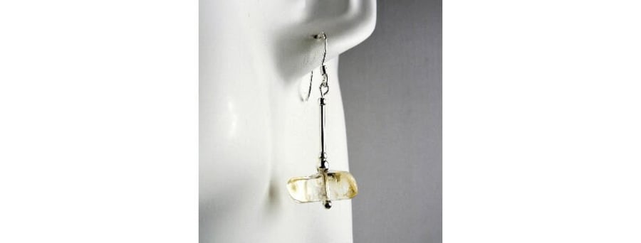 Citrine nugget natural stone drop earrings, sterling silver, yellow, gift box