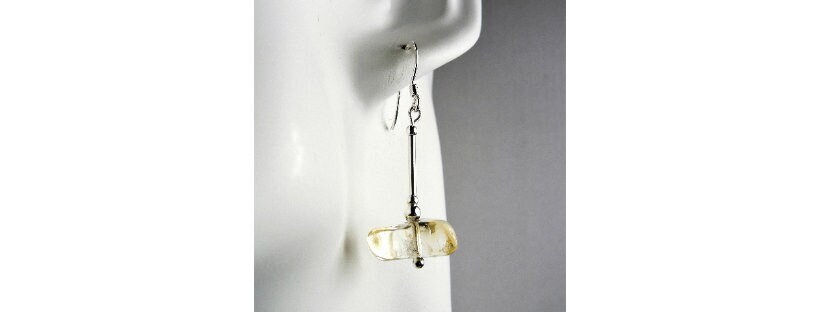 Citrine nugget natural stone drop earrings, sterling silver, yellow, gift box