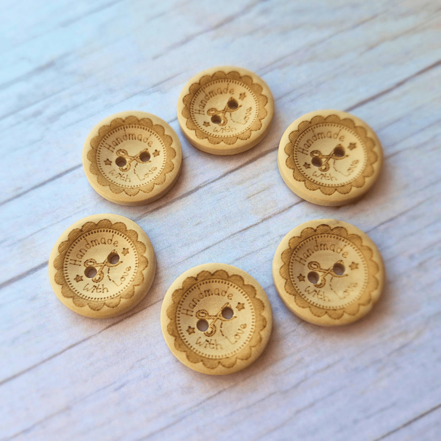 6 x Buttons in Natural Wood - 20mm Handmade With Love