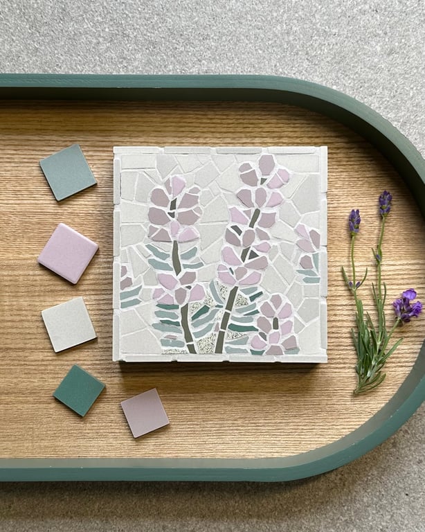 Mosaic Floral Art - Lavender on Silver Grey