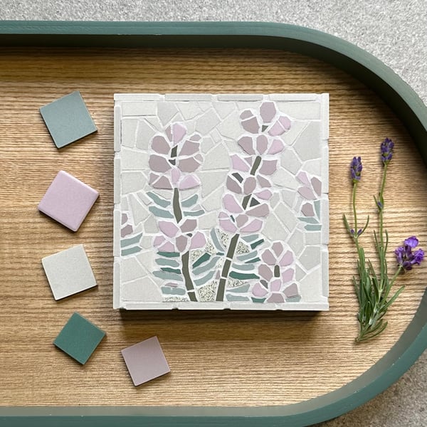 Mosaic Floral Art - Lavender on Silver Grey