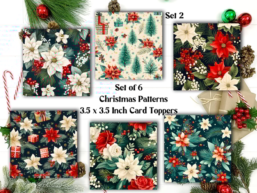 Christmas Floral Patterns Square Card Toppers for Card Making, Journals, Tags