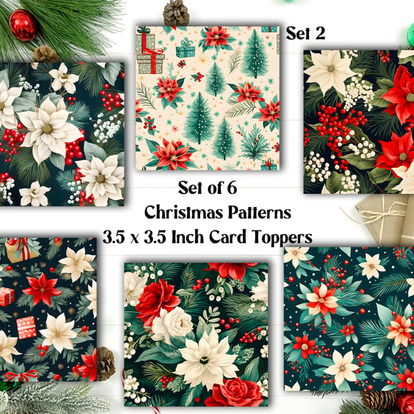 Christmas Floral Patterns Set of 6 Square Card Toppers for Card Making