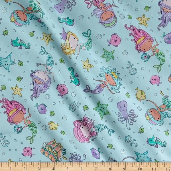 Fat Quarter Glitter Mermaids Treasure And Animal Friends 100% Cotton Quilting Fa