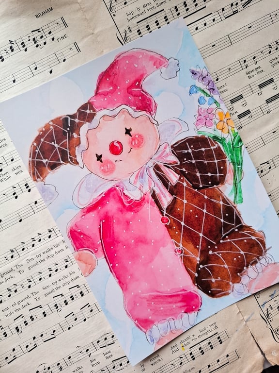 Sweetpea - A5 Watercolour Clown Art Print, Vintage Kitsch Art, Cute Clown