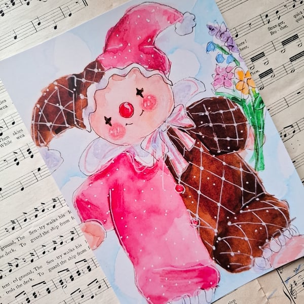 Sweetpea - A5 Watercolour Clown Art Print, Vintage Kitsch Art, Cute Clown