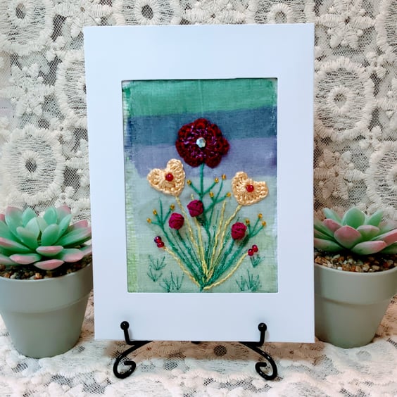 'Flowers in bloom' Hand Embroidered Textile Art Card