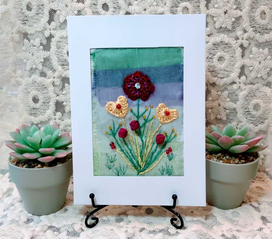 'Flowers in bloom' Hand Embroidered Textile Art Card