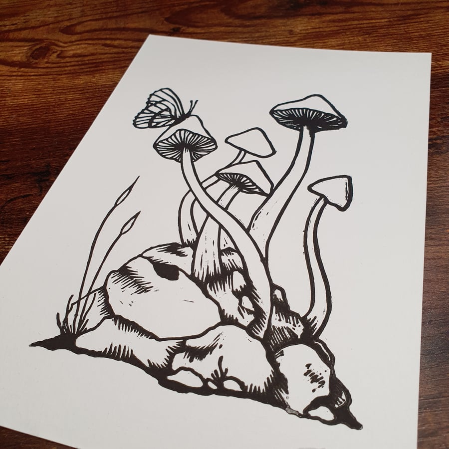 Butterfly Mushroom Lino Print