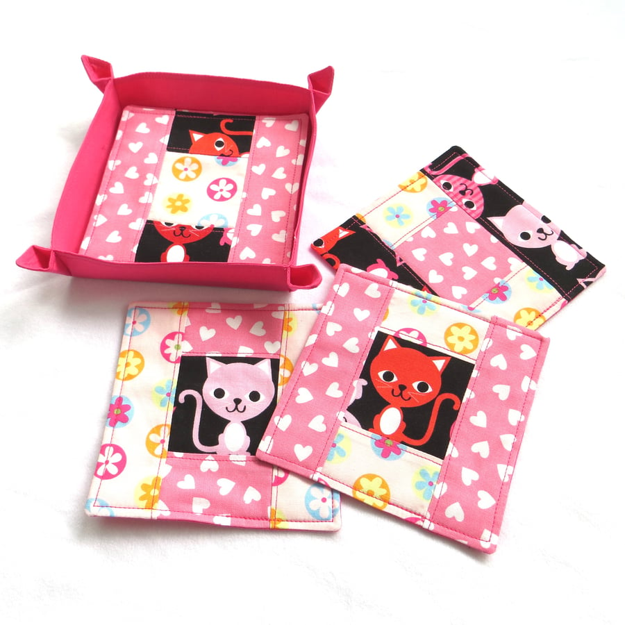 Patchwork Coaster Set - Pink Love Cats
