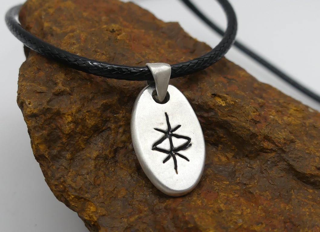 Recycled Sterling Silver Protection Bindrune Pendant Waxed Cotton Cord Necklace.