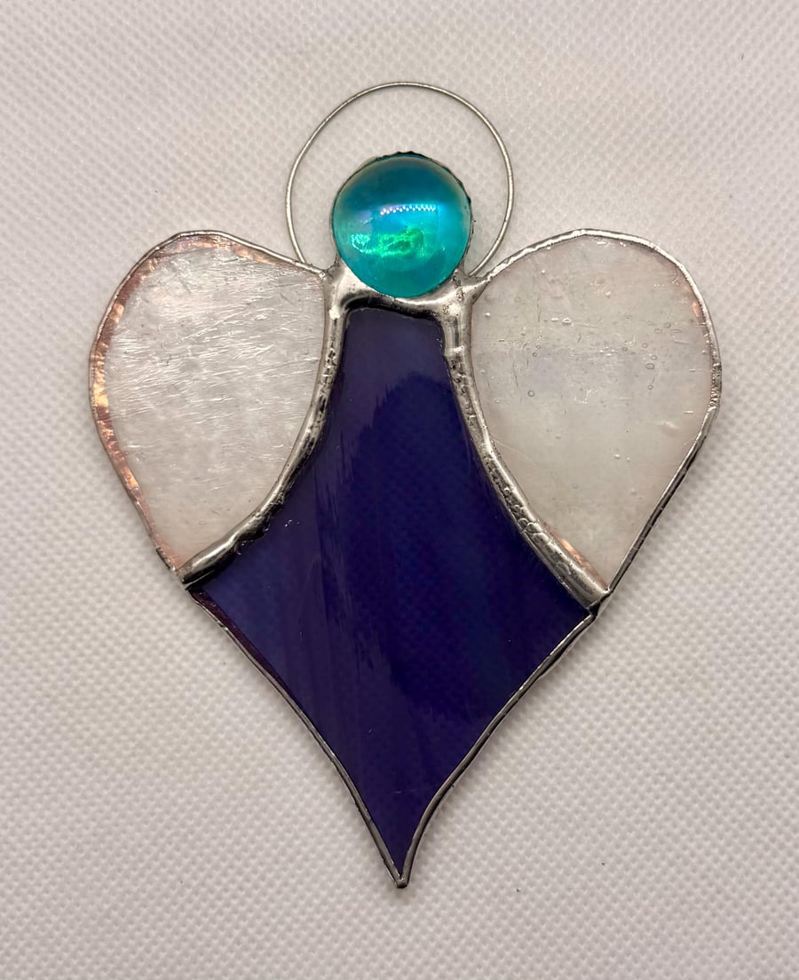 Stained Glass Heart Angel - Purple body and textured clear white wings