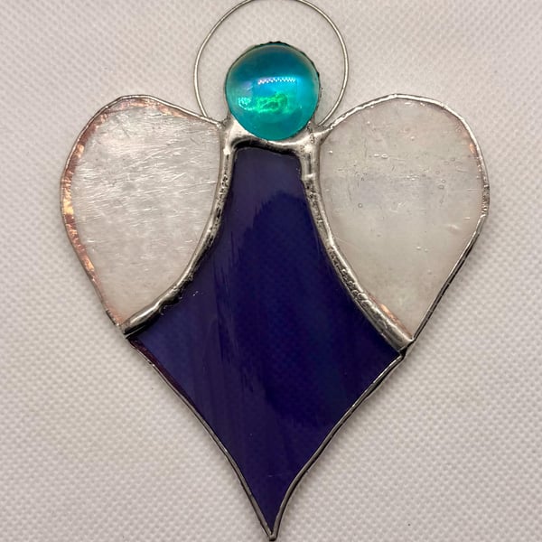 Stained Glass Heart Angel - Purple body and textured clear white wings