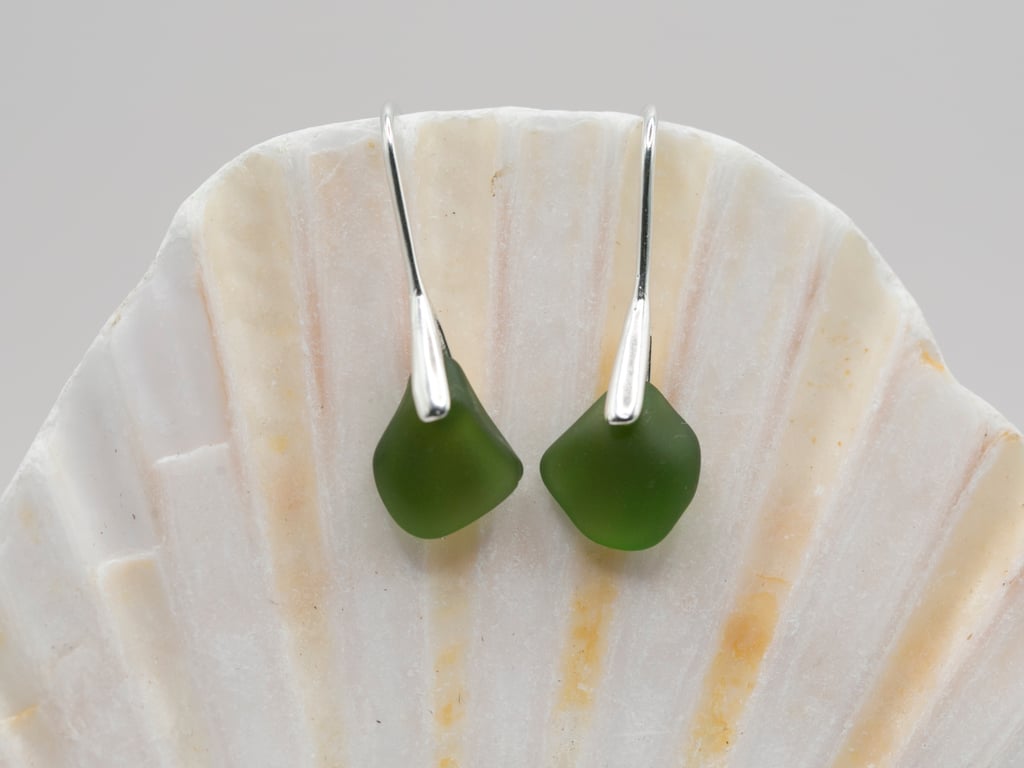 Deep green sea glass silver plated drop earrings