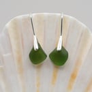 Deep green sea glass silver plated drop earrings