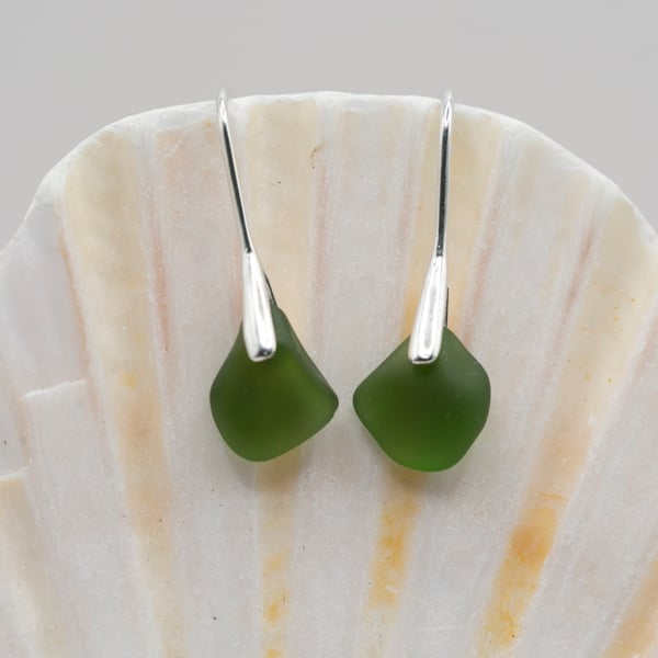 Deep green sea glass silver plated drop earrings