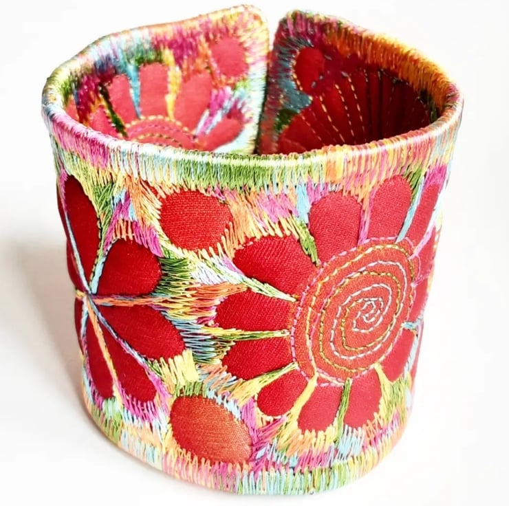 Cuff - Fabric Bracelet with Free Machine Embroi... - Folksy