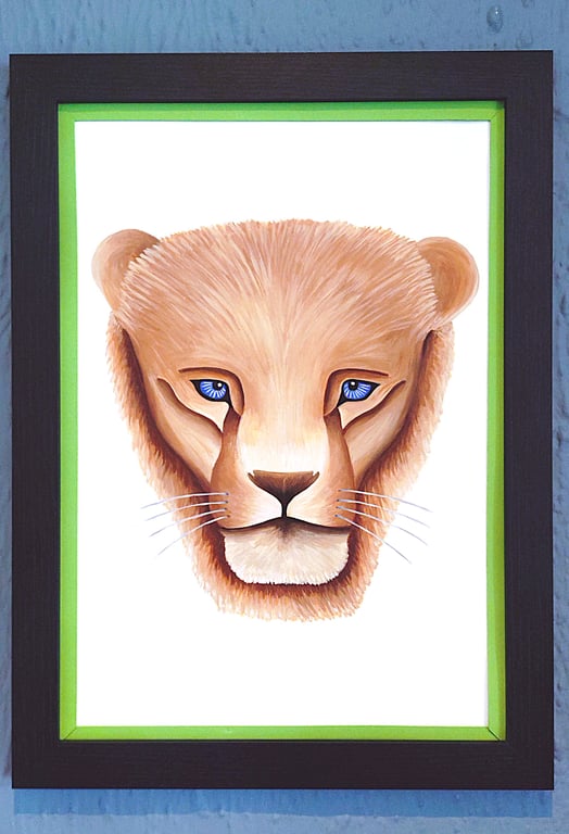 Framed A3 Print Colourful Lion Head Portrait Light Green Border Made in UK 