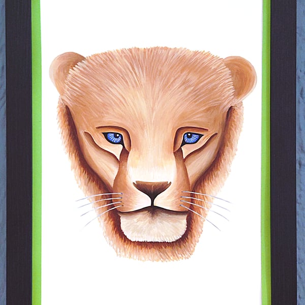 Framed A3 Print Colourful Lion Head Portrait Light Green Border Made in UK 