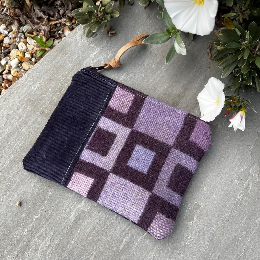 Purple wool corduroy and denim coin purse small pouch