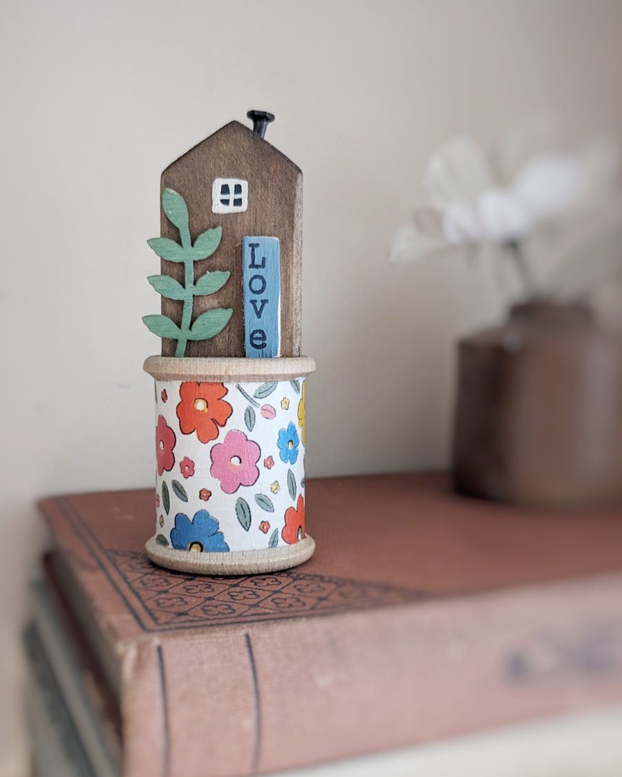 Little Wooden House on a Vintage Bobbin 'Love' 