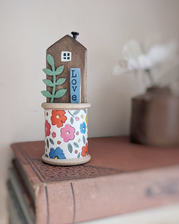 Little Wooden House on a Vintage Bobbin 'Love' 