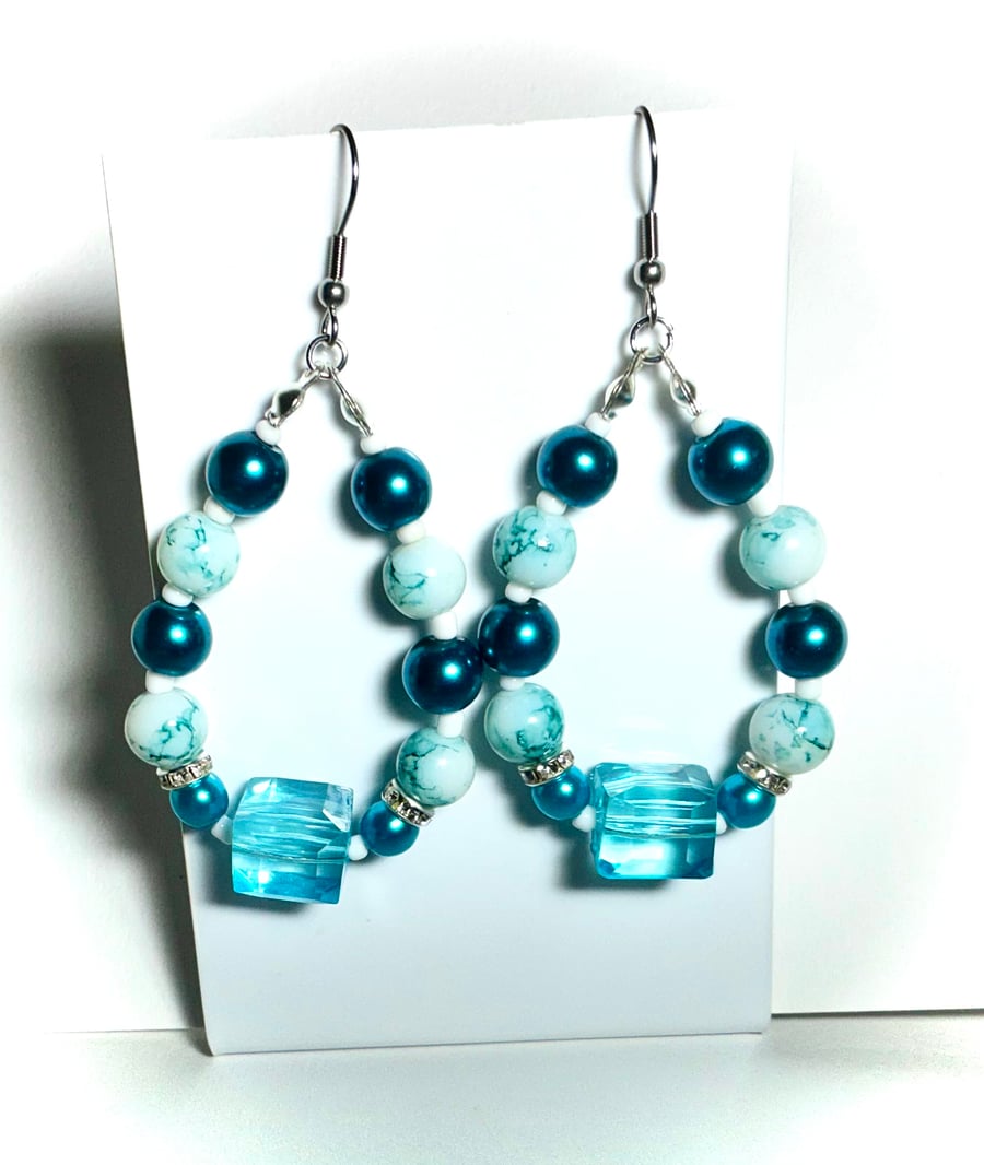 Teal & White Beaded Hoop Earrings