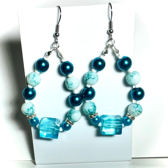 Teal & White Beaded Hoop Earrings