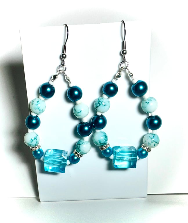 Teal & White Beaded Hoop Earrings