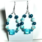 Teal & White Beaded Hoop Earrings