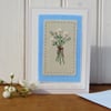 Small hand stitched card, intricately embroidered, detailed and delicate
