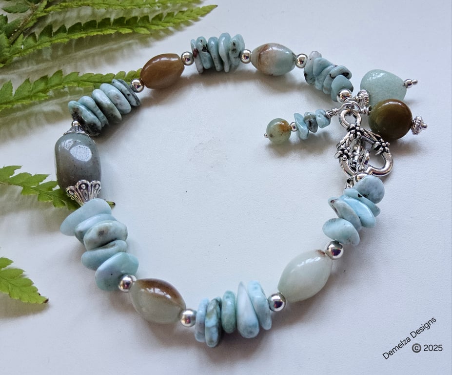 Designer Artisan Larimar & Amazonite Bracelet Silver Plated 