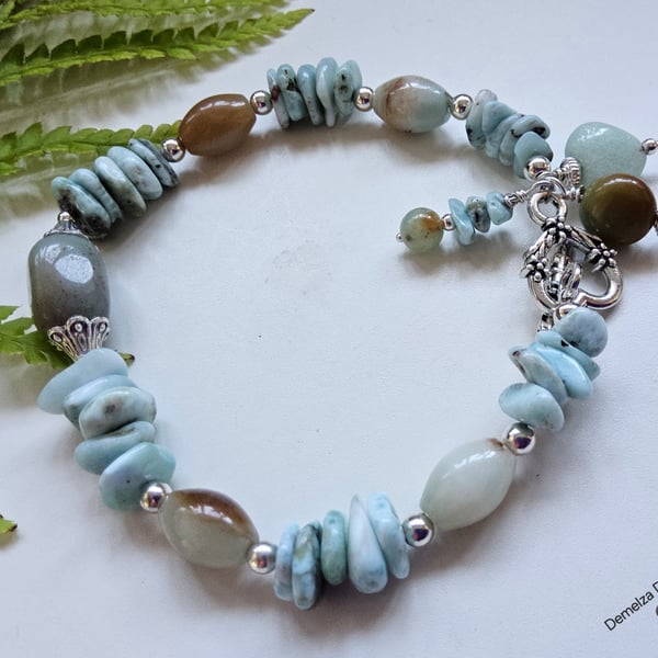 Designer Artisan Larimar & Amazonite Bracelet Silver Plated 