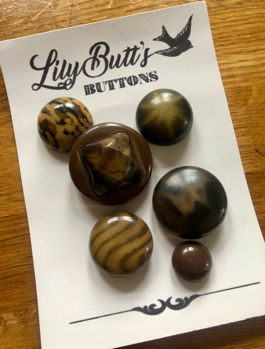 6 Vintage Brown Metal Dome Buttons 