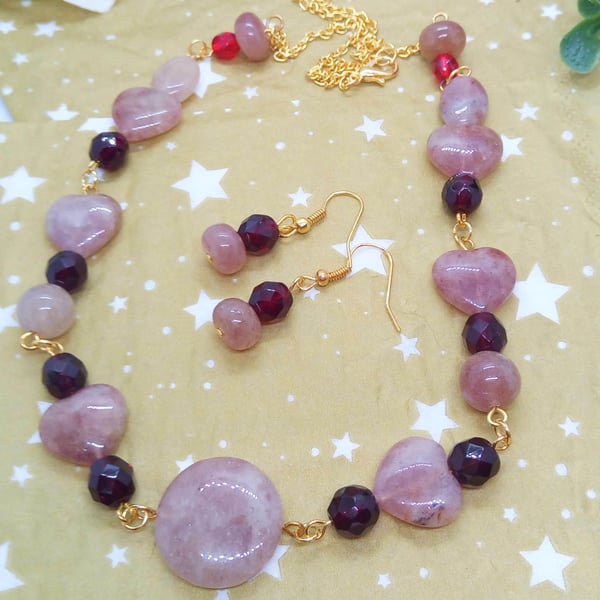 Raspberry Quartz and Garnet Red Crystal Necklace and Earrings, Gift for Her