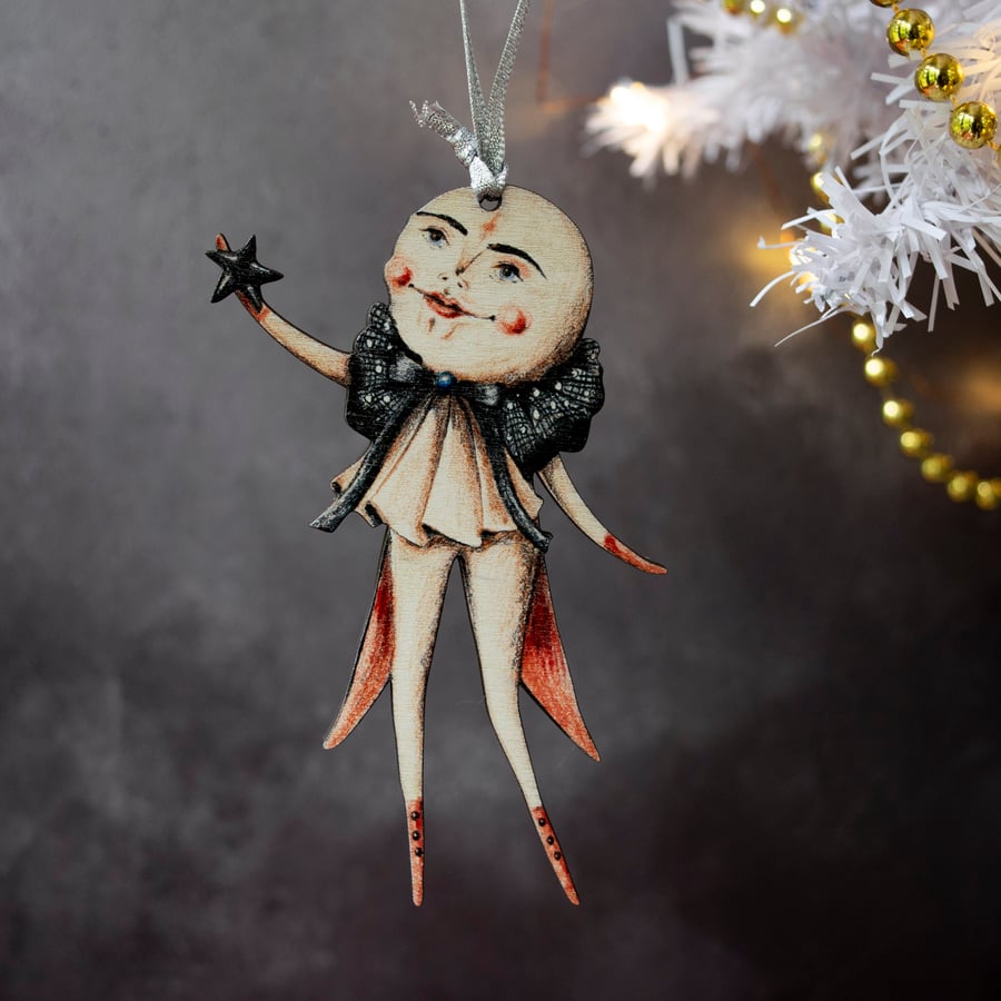 Clement the moon man double-sided wooden hanging decoration