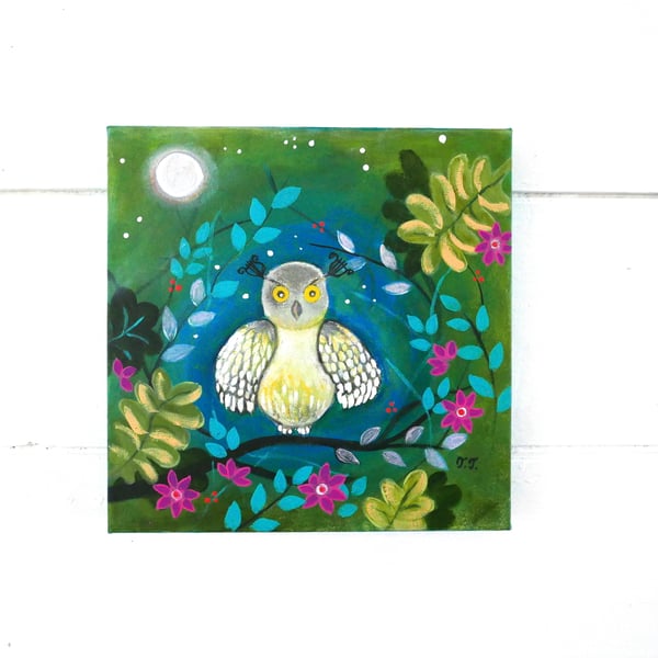 Owl Painting, Naive Animal Art, Original Nature Artwork