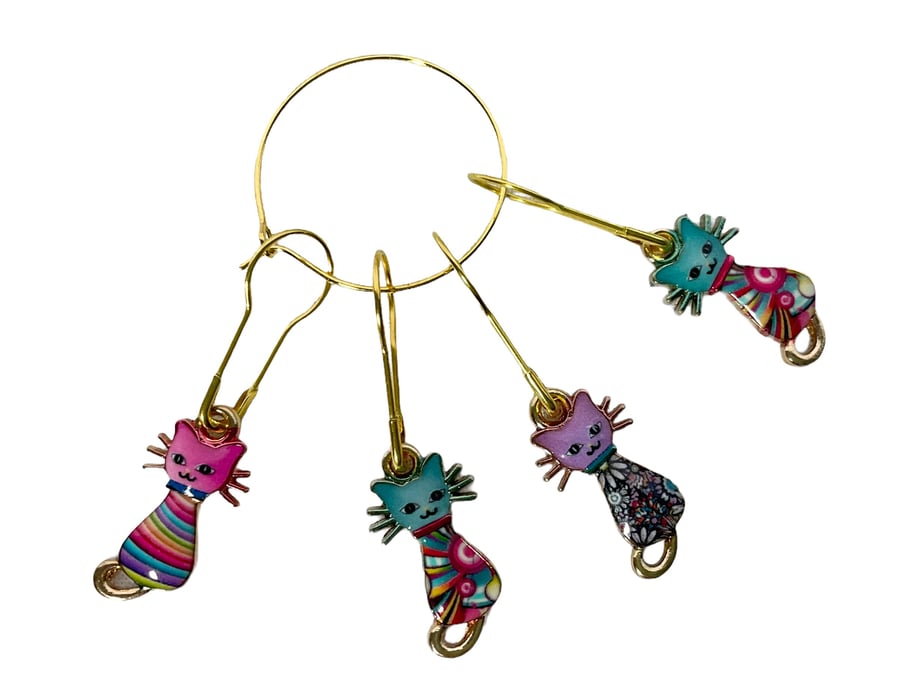 Cat Stitch markers for knitting and crochet, enamelled colourful progress charms