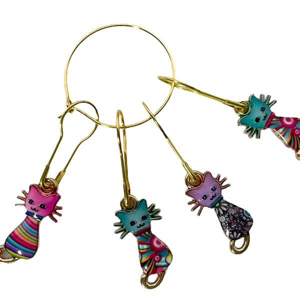 Cat Stitch markers for knitting and crochet, enamelled colourful progress charms