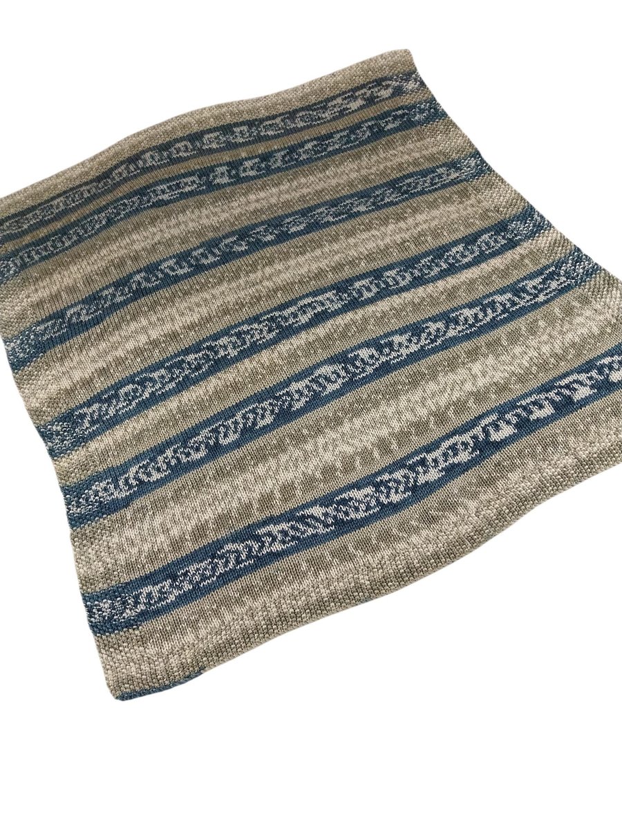 Hand Knitted Baby Blanket Grey Teal Cream Fair Isle Pram Blanket 28x30 inches